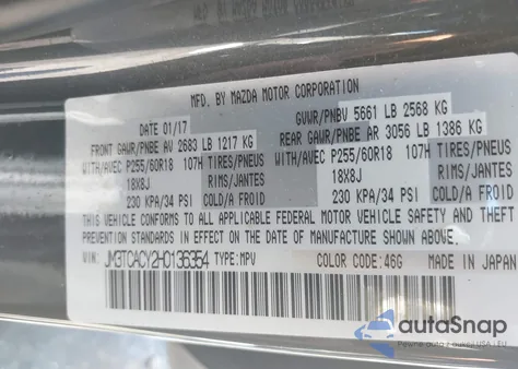 2017 Mazda Cx-9 Touring z USA, uszkodzony, nr VIN JM3TCACY2H0136354